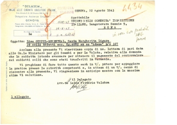 DELASEM. Lettera di L.V. Valobra su richiesta di pagamento controvalore effetti personali trasferiti in Germania di L. Gumpel Rosenthal: 22.8.1943